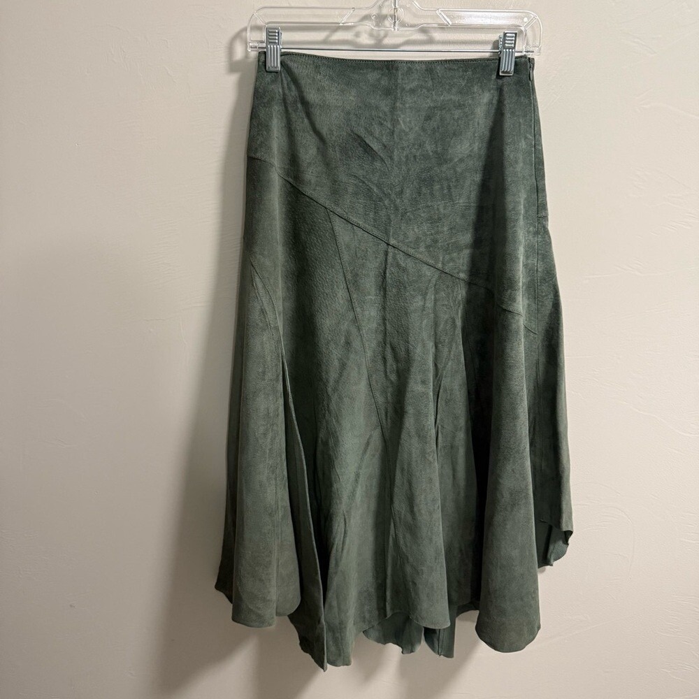 Two Star Dog 100% Suede Leather Midi Skirt Pleated Olive Green Western Punchy XS